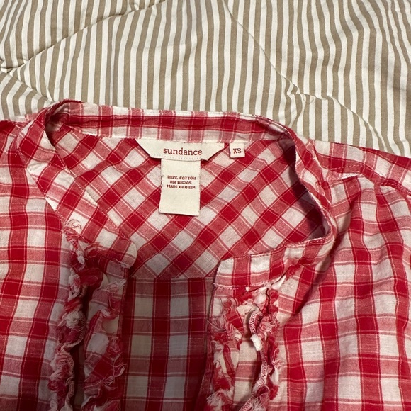 Sundance Blouse XS Red Plaid Check Prairie V Neck Button Front Flannel - Picture 5 of 6